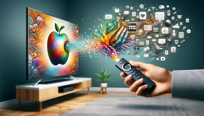 alt_text: A guide showing how to install IPTV Smarters on a Firestick, featuring a TV displaying the app and a hand holding the remote.