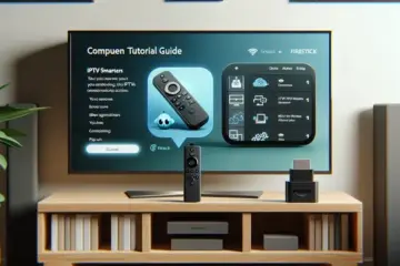 alt_text: A Firestick and TV screen show the IPTV Smarters app interface, illustrating a step-by-step tutorial guide.