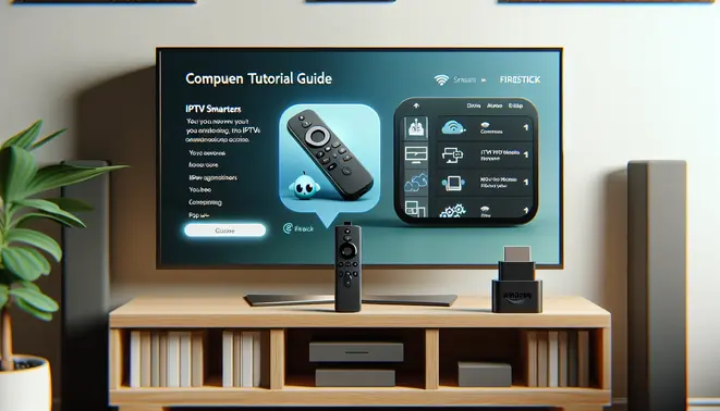 alt_text: A Firestick and TV screen show the IPTV Smarters app interface, illustrating a step-by-step tutorial guide.