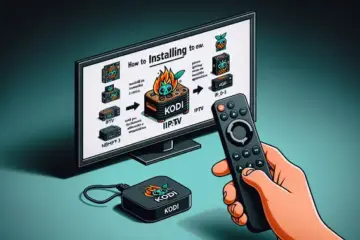 alt_text: A guide for installing Kodi IPTV on a Firestick, shown on a TV screen with a remote in hand.