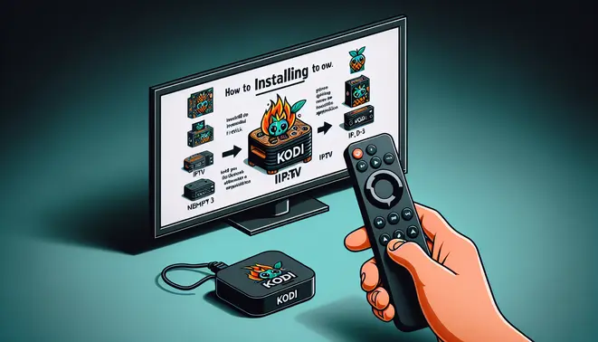 alt_text: A guide for installing Kodi IPTV on a Firestick, shown on a TV screen with a remote in hand.