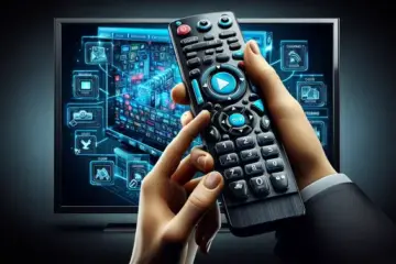 A hand holding a Firestick remote, pointing at a TV displaying the Kodi app interface with tutorial graphics.