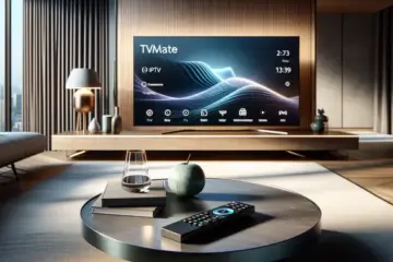 alt_text: A modern living room with a sleek TV displaying the Tivimate IPTV app interface. A remote rests nearby with the guide title in clean typography.