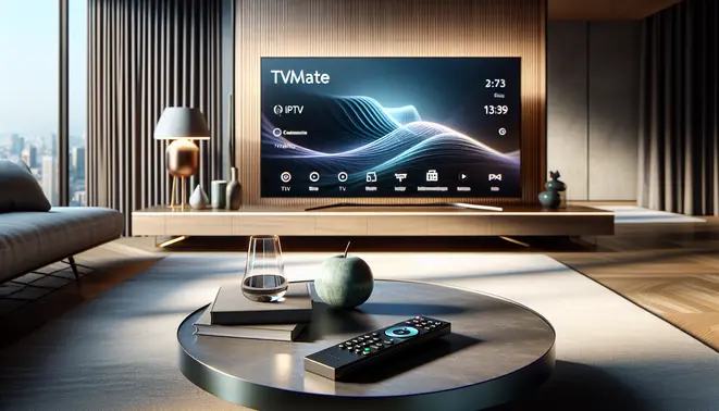 alt_text: A modern living room with a sleek TV displaying the Tivimate IPTV app interface. A remote rests nearby with the guide title in clean typography.