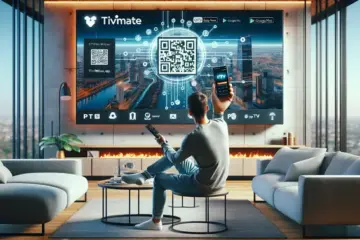 alt_text: A person in a modern living room uses the Tivimate app on a large Smart TV, holding a remote and a phone with an IPTV QR code.