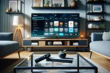 alt_text: A living room scene with a TV showing the Tivimate app interface and a Firestick remote, illustrating a setup guide.