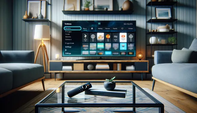 alt_text: A living room scene with a TV showing the Tivimate app interface and a Firestick remote, illustrating a setup guide.