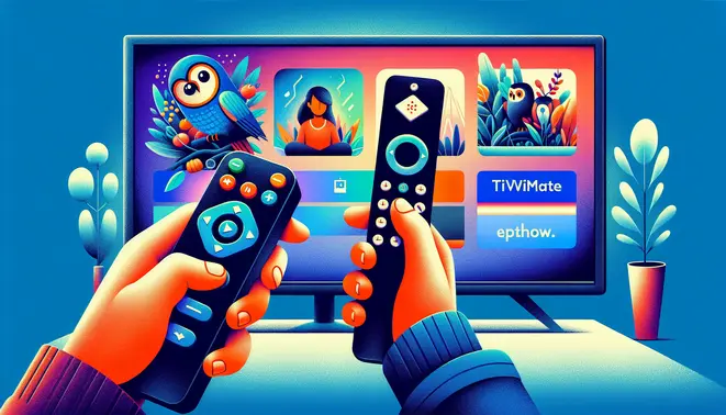 alt_text: A guide showing how to install Tivimate on a Firestick, with a TV displaying the app's interface and a hand using the remote.