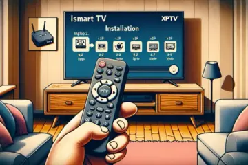 alt_text: A guide showing how to install the Xciptv IPTV app on a smart TV, with a hand pointing a remote at the screen.