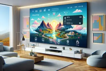 A modern living room with a large Android TV displaying the XCIPTV app interface for an IPTV setup guide.