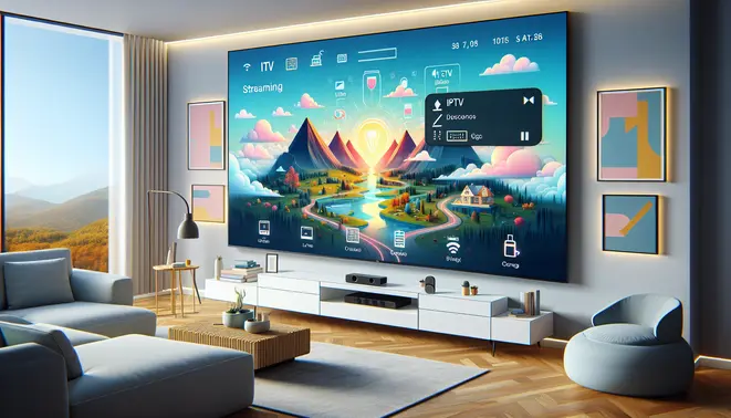 A modern living room with a large Android TV displaying the XCIPTV app interface for an IPTV setup guide.