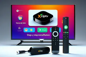 alt_text: A Firestick and remote next to a TV showing the XCIPTV app interface, illustrating a step-by-step installation guide.