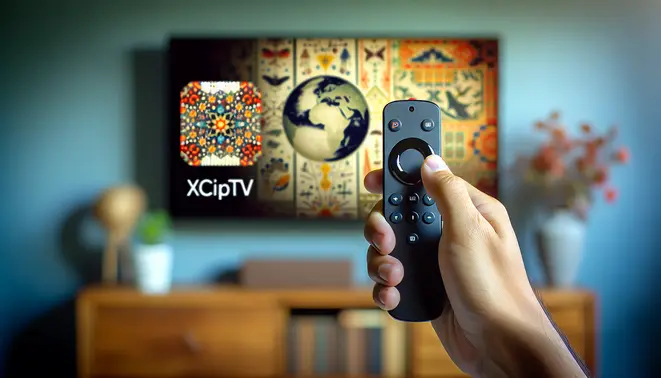 alt_text: A hand holding a Firestick remote points at a TV showing the XCIPTV app for a tutorial guide.
