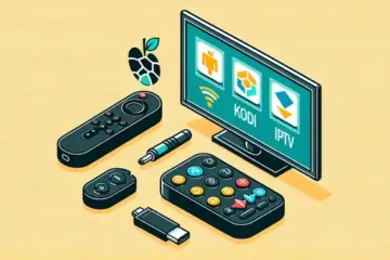 alt_text: A guide showing a Firestick and remote, with Kodi IPTV on a TV screen, for easy Firestick tutorials.