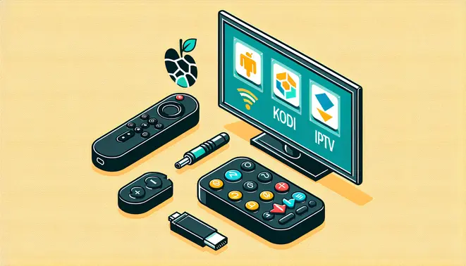 alt_text: A guide showing a Firestick and remote, with Kodi IPTV on a TV screen, for easy Firestick tutorials.
