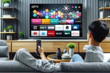 Alt text: A person in a modern living room using a remote to navigate the Xciptv IPTV app on a large Android TV screen.