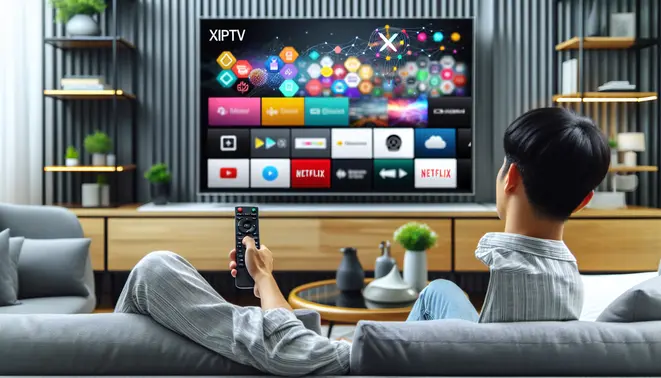 Alt text: A person in a modern living room using a remote to navigate the Xciptv IPTV app on a large Android TV screen.