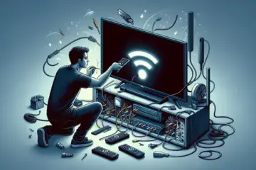 alt_text: A troubleshooting guide cover showing a user fixing a TV's black screen with a remote, cables, and a WiFi symbol.