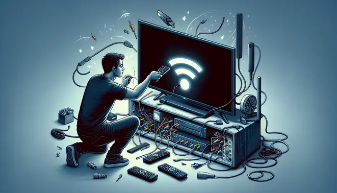 alt_text: A troubleshooting guide cover showing a user fixing a TV's black screen with a remote, cables, and a WiFi symbol.