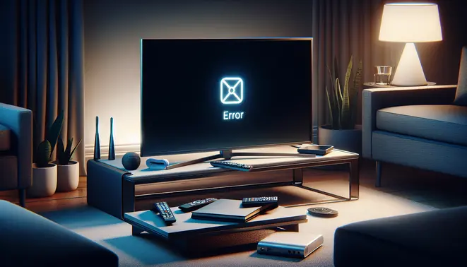 Alt text: A modern TV with a black screen and error icon, surrounded by a remote, router, and notebook on a coffee table.