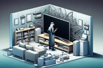 alt_text: A frustrated person with a remote faces a black TV screen in a modern living room, surrounded by tech tools for troubleshooting.