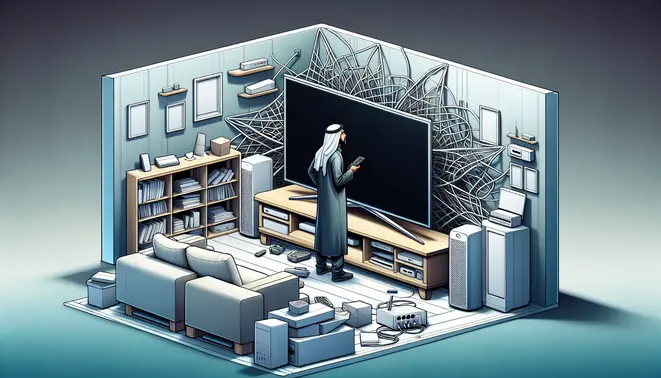 alt_text: A frustrated person with a remote faces a black TV screen in a modern living room, surrounded by tech tools for troubleshooting.