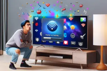 alt_text: A frustrated user troubleshoots a smart TV's "Channel Not Loading" error, surrounded by Wi-Fi and app icons.