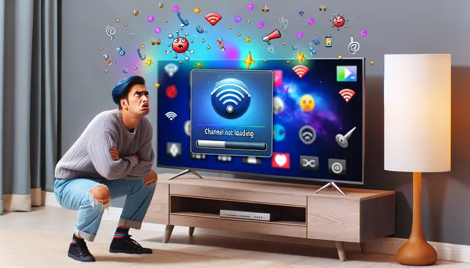 alt_text: A frustrated user troubleshoots a smart TV's "Channel Not Loading" error, surrounded by Wi-Fi and app icons.