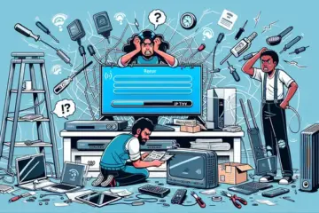 alt_text: A frustrated user troubleshoots a TV's IPTV loading error, surrounded by a router, laptop, and tools for fixing the issue.