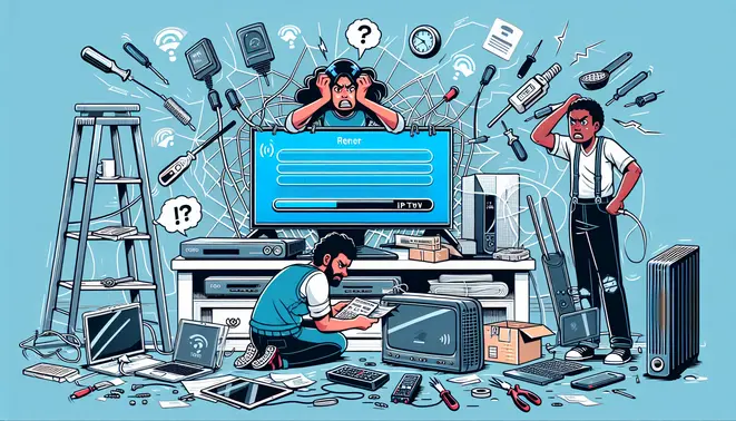 alt_text: A frustrated user troubleshoots a TV's IPTV loading error, surrounded by a router, laptop, and tools for fixing the issue.