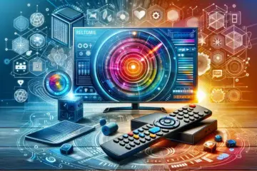 alt_text: A modern TV screen displays a colorful electronic program guide. A smart remote and streaming device sit nearby on a tech-themed background.
