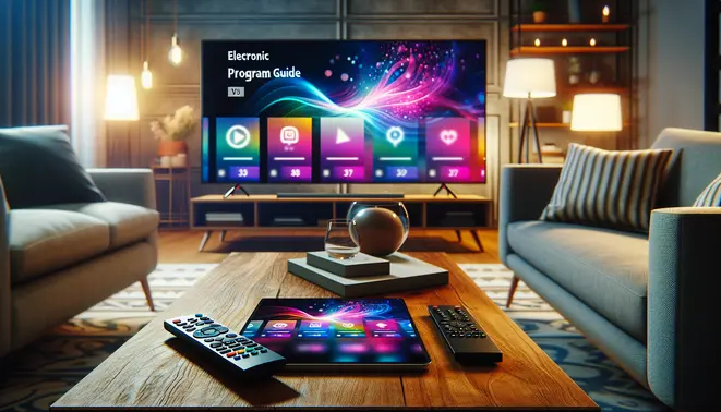 alt_text: A modern smart TV displays a colorful EPG guide, with a remote and tablet, in a cozy, ambient-lit living room.