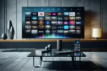 alt_text: A modern living room with a TV displaying multiple live channels, a remote, and a smartphone showing streaming apps.