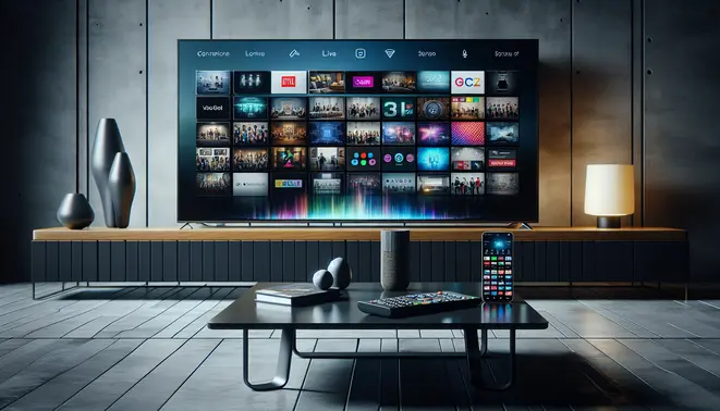 alt_text: A modern living room with a TV displaying multiple live channels, a remote, and a smartphone showing streaming apps.