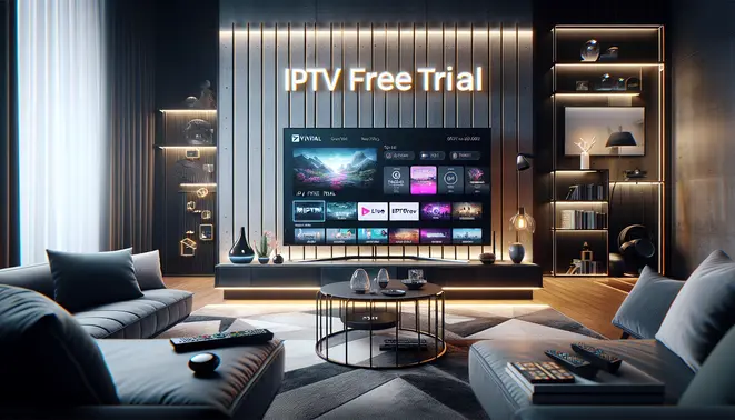 alt_text: A modern living room with a smart TV displaying "IPTV Free Trial" and streaming thumbnails, surrounded by devices.