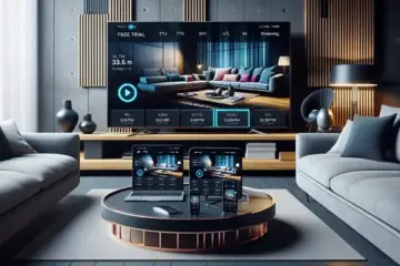 alt_text: A modern living room with a large TV, phone, and laptop all displaying a sleek IPTV streaming interface, highlighting a free trial offer.
