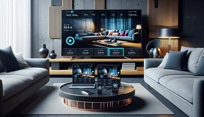 alt_text: A modern living room with a large TV, phone, and laptop all displaying a sleek IPTV streaming interface, highlighting a free trial offer.