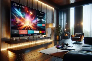 alt_text: A modern living room with a large TV and phone showing a vibrant IPTV interface, highlighting a 'Free Trial' offer.