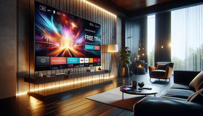 alt_text: A modern living room with a large TV and phone showing a vibrant IPTV interface, highlighting a 'Free Trial' offer.