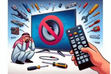 alt_text: A guide cover showing a smart TV with a crossed-out red speaker icon. A concerned viewer holds a remote, surrounded by troubleshooting tools.