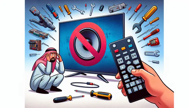 alt_text: A guide cover showing a smart TV with a crossed-out red speaker icon. A concerned viewer holds a remote, surrounded by troubleshooting tools.