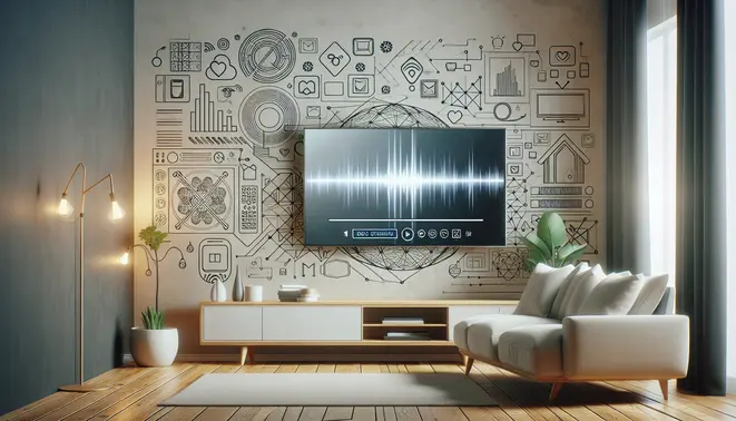alt_text: A modern living room scene with a smart TV displaying the IPTV Smarters app interface, surrounded by streaming elements.