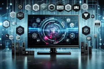 alt_text: A modern smart TV screen displays the IPTV Smarters app interface, surrounded by streaming icons on a cool, tech-themed background.