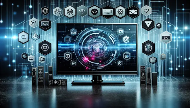 alt_text: A modern smart TV screen displays the IPTV Smarters app interface, surrounded by streaming icons on a cool, tech-themed background.