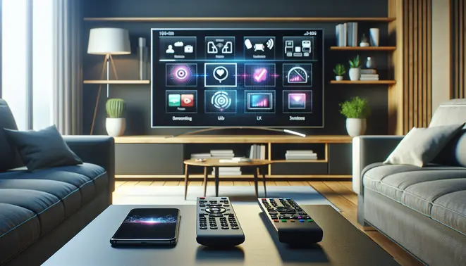 alt_text: A modern living room with a smart TV displaying the IPTV Smarters app interface, a phone and remote on the table.