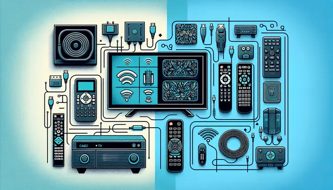 A split-screen comparison of traditional cable TV equipment versus modern IPTV streaming on a smart TV.