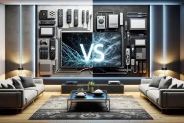 alt_text: A modern living room comparing Cable TV and IPTV setups side-by-side, with a bold "VS" graphic between them.