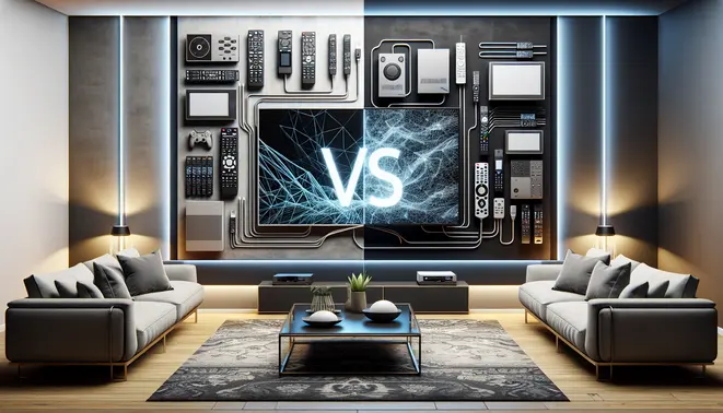 alt_text: A modern living room comparing Cable TV and IPTV setups side-by-side, with a bold "VS" graphic between them.
