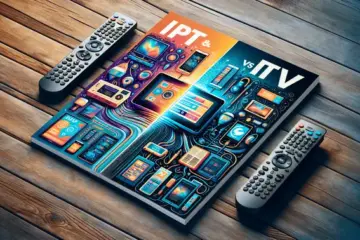 Magazine cover comparing IPTV and Cable TV, split visually between a modern smart TV and a traditional cable setup.