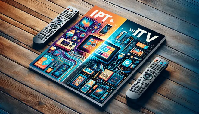 Magazine cover comparing IPTV and Cable TV, split visually between a modern smart TV and a traditional cable setup.